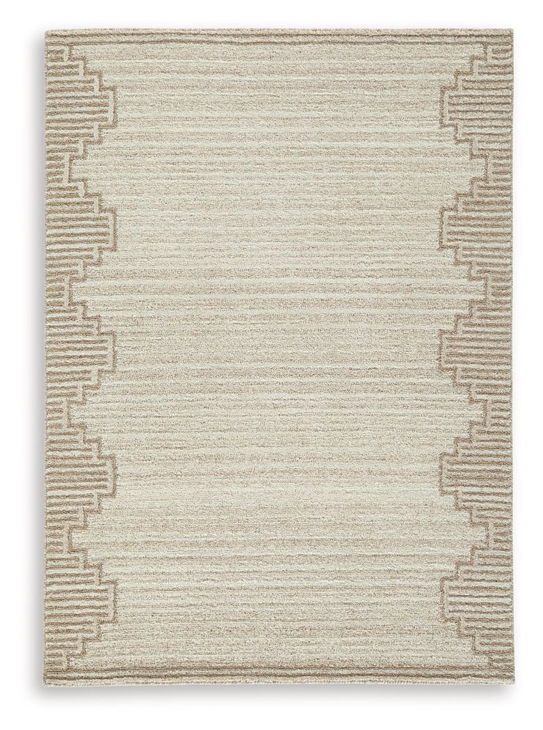 Beige rug with repeating geometric border and textured weave