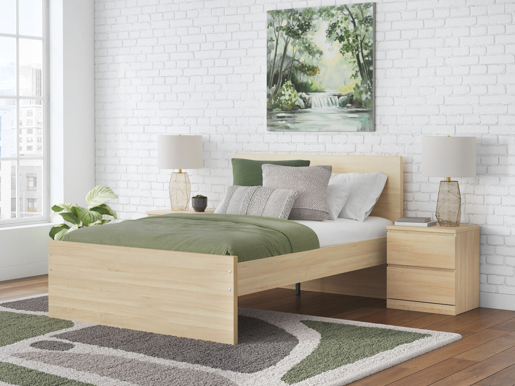 Light brown wood platform bed with open panel footboard area and side storage drawers.