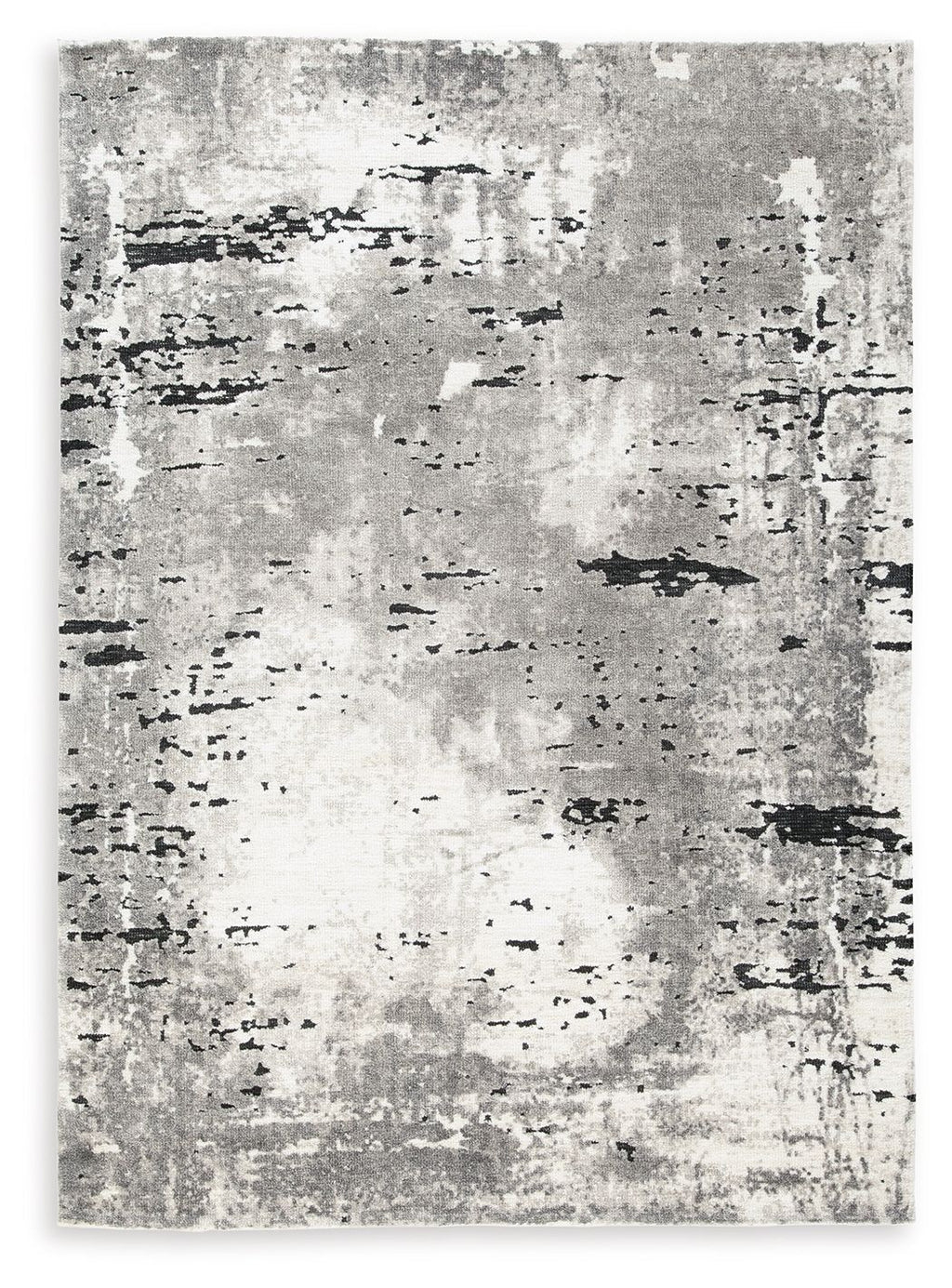 Gray area rug with mottled distressed pattern and black speckling