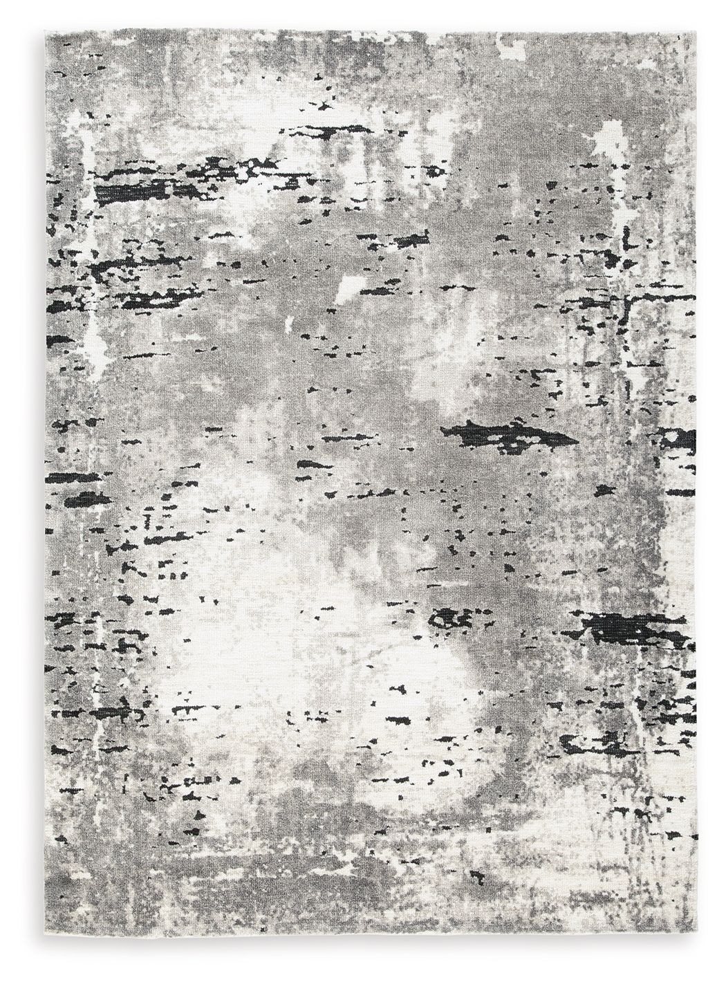 Gray area rug with mottled distressed pattern and black speckling
