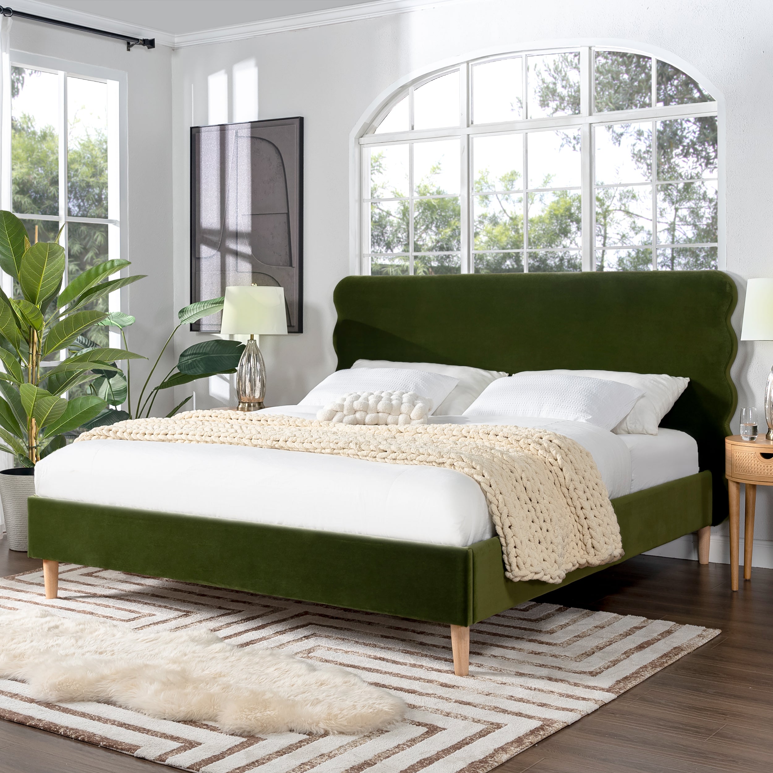 Stockholm Modern Wavy King Platform Bed - Olive Green Velvet