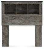 Gray bookcase headboard with three top cubbies and four corner posts