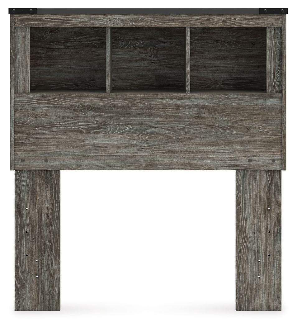 Gray bookcase headboard with three top cubbies and four corner posts