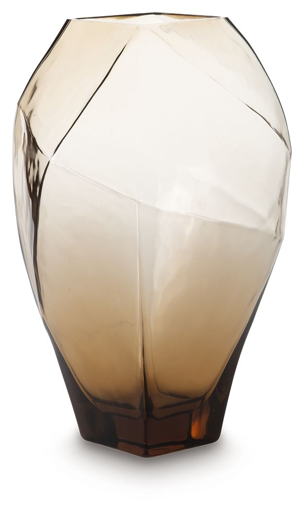 Ewart faceted glass vase with smoky amber tint and dark base, geometric panels