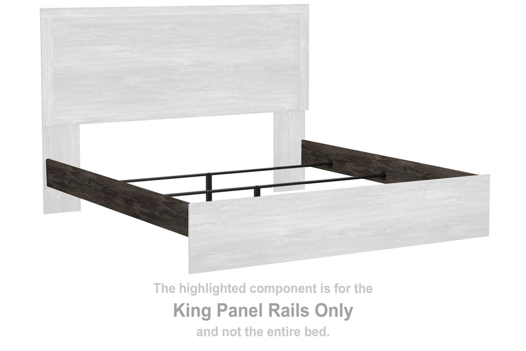 Gray king panel rails with rectangular head and foot panels and dark center support