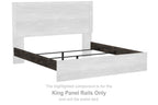 Gray king panel rails with rectangular head and foot panels and dark center support