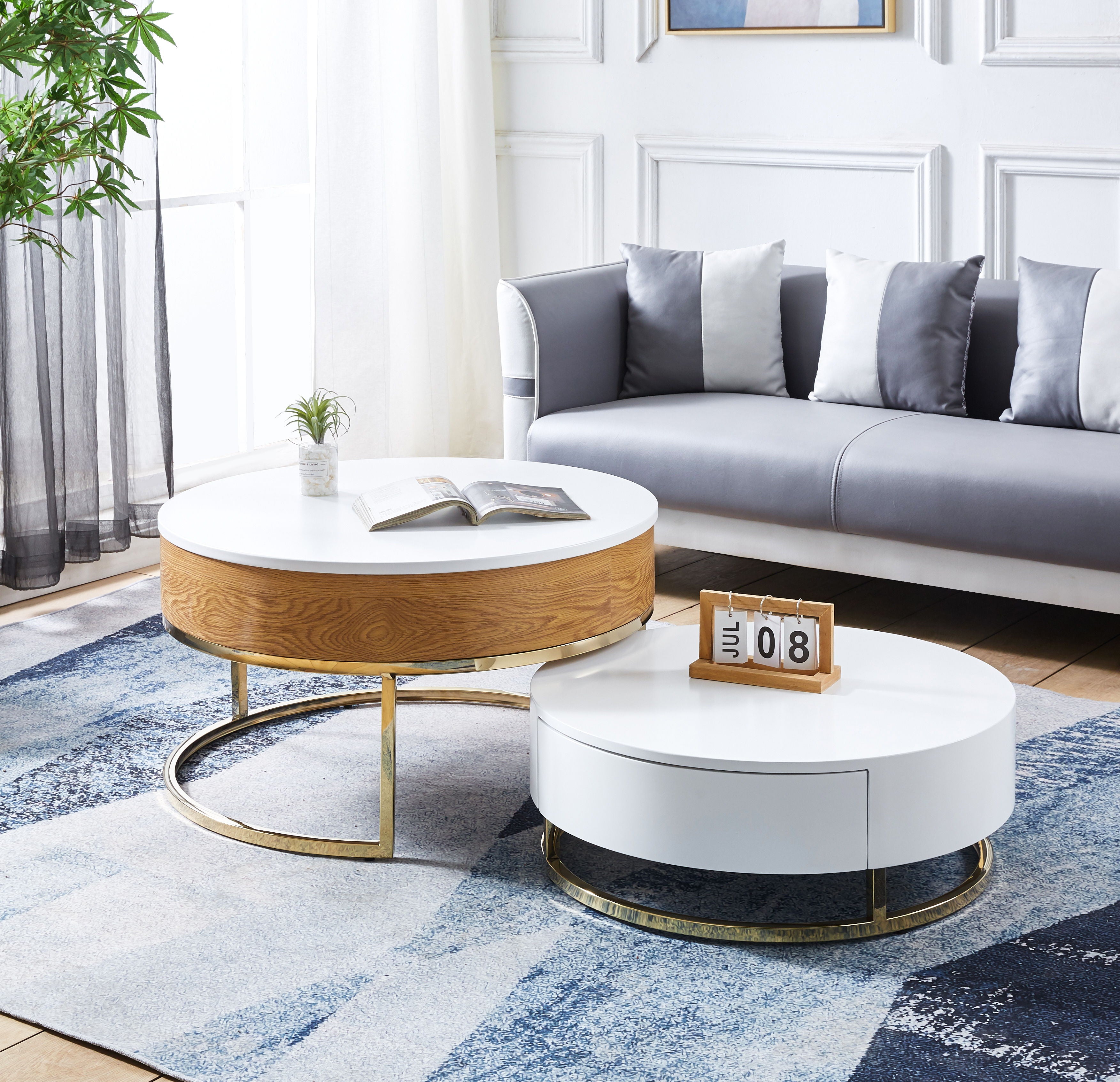 Modern Nesting MDF Coffee Table (Set of 2), Round White End Table With Gold Finish Metal Base For Living Room