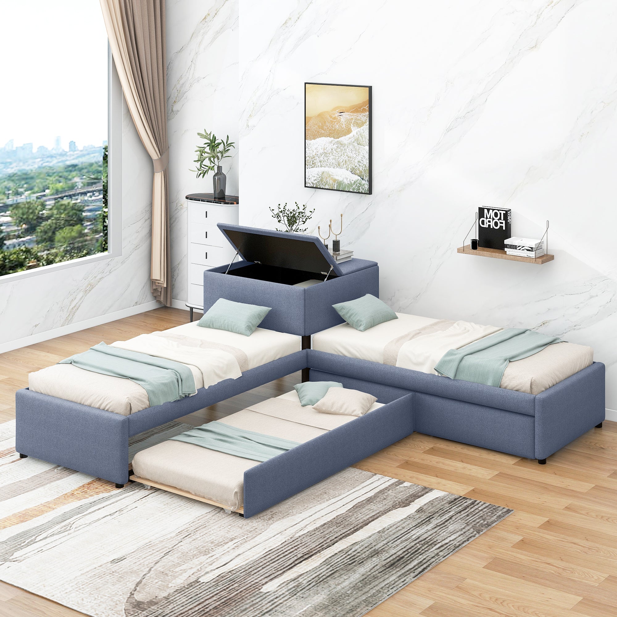 Gray Twin L-Shaped Upholstered Platform Bed with Trundle, Drawers & Desk