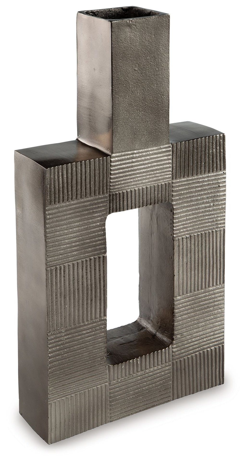 Wrengrove vase in dark gray, textured blocks with tall center opening and inner cavity