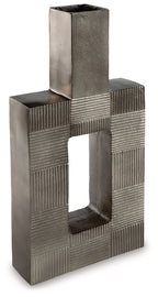 Wrengrove vase in dark gray, textured blocks with tall center opening and inner cavity