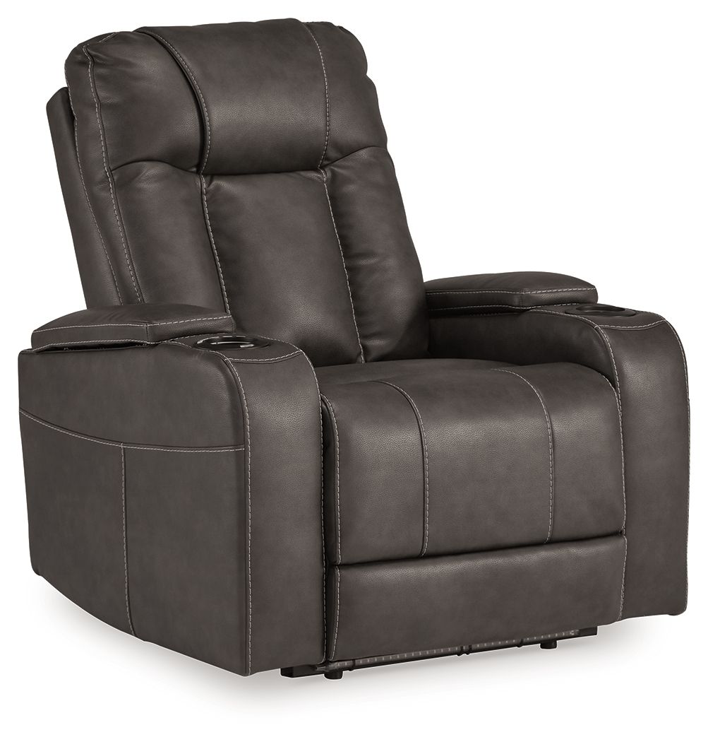 Shadow dark power recliner with adjustable headrest and cushioned armrests