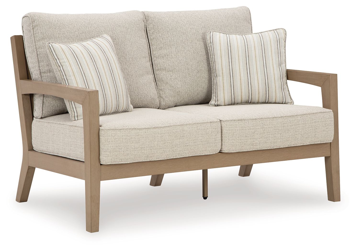 Beige loveseat with two striped throw pillows and driftwood frame, cushioned seat and back