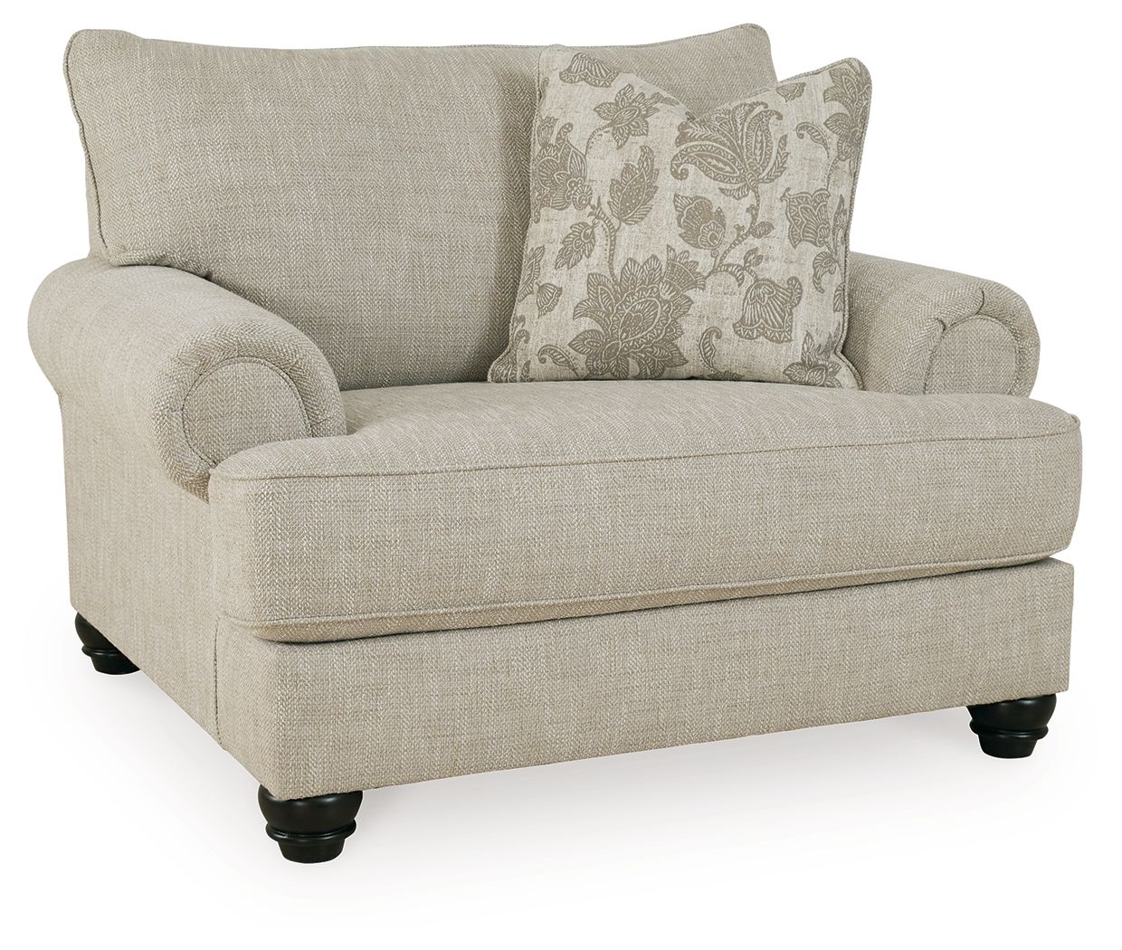 Light gray linen-style armchair with rounded arms, two pillows, and dark feet