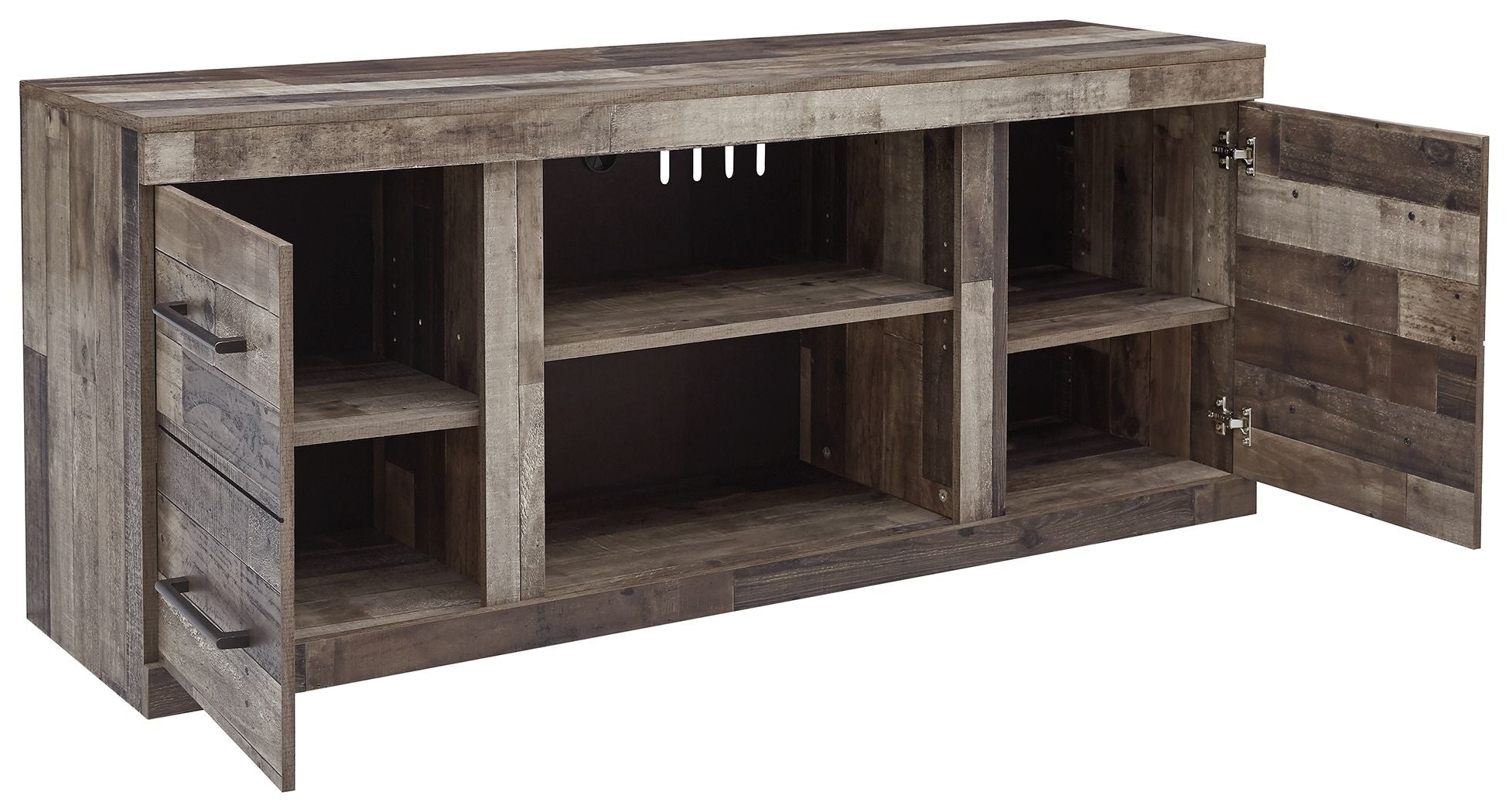 Gray TV console with open shelves and angled side cabinets with doors
