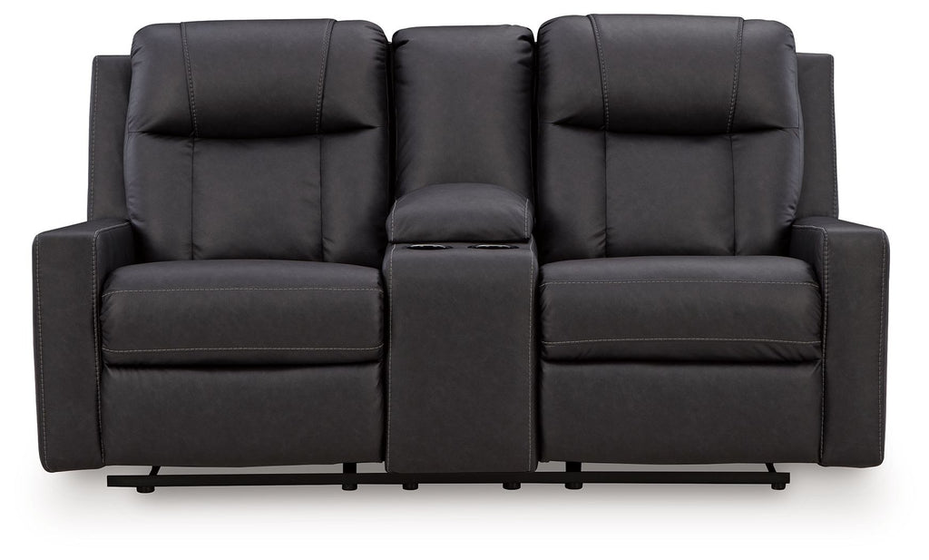 Black double reclining loveseat with center console, tall back cushions, and padded arms