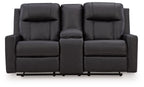 Black double reclining loveseat with center console, tall back cushions, and padded arms
