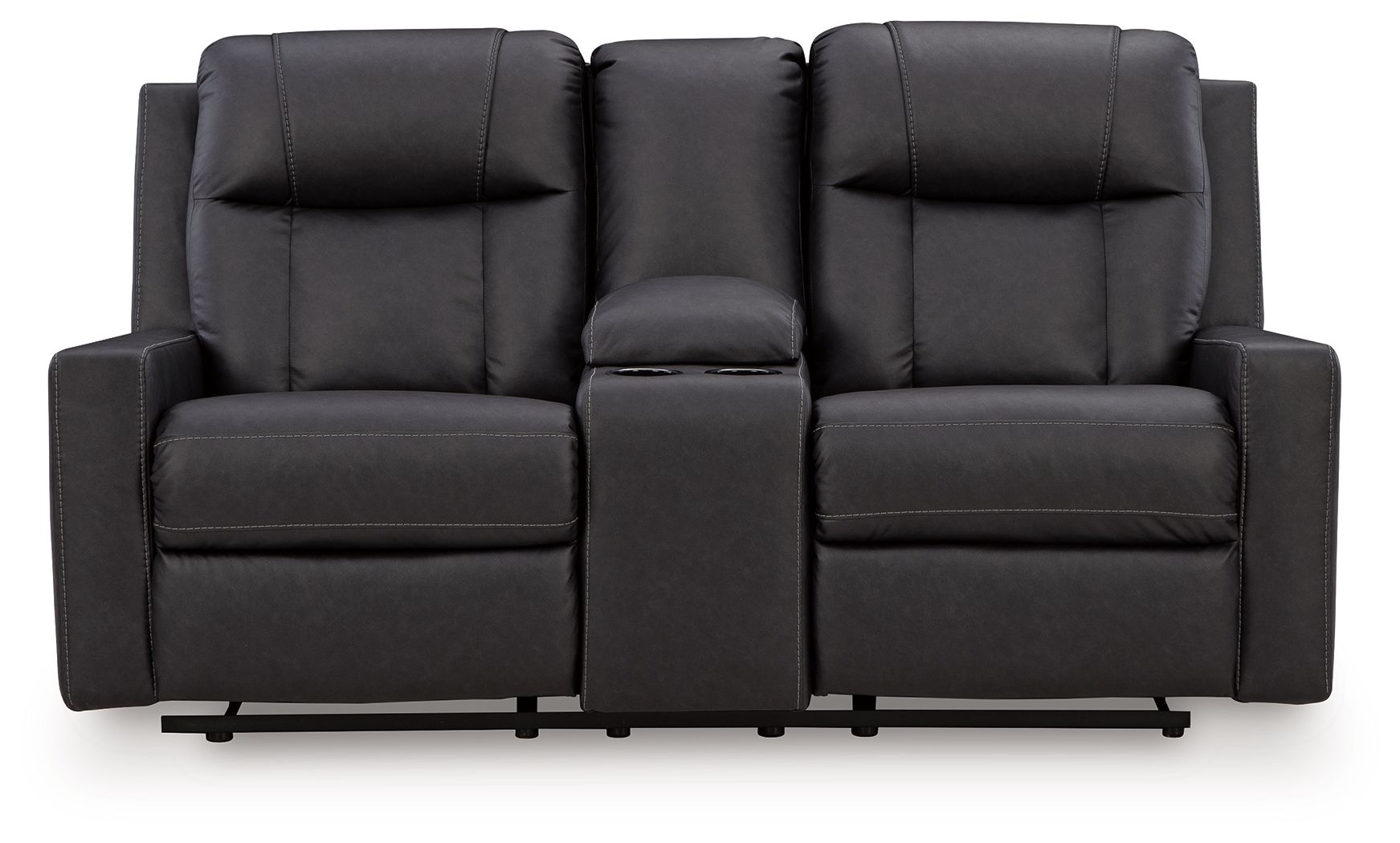 Black double reclining loveseat with center console, tall back cushions, and padded arms