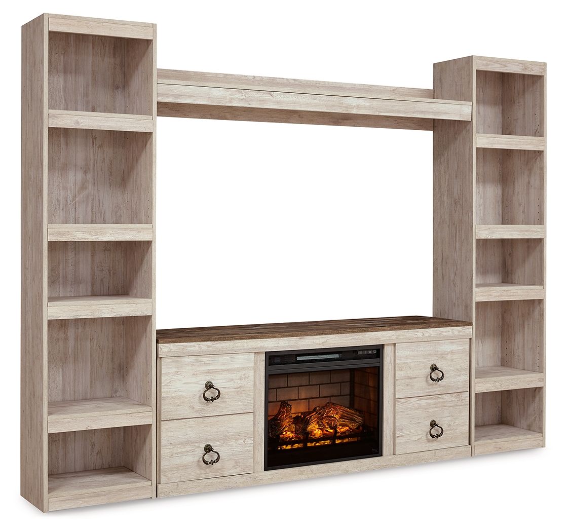 Beige entertainment center with open shelves and glass-front electric fireplace insert