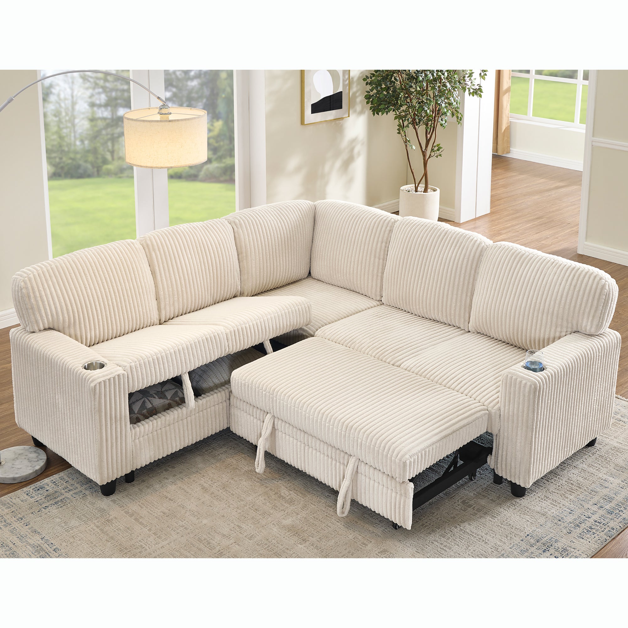 L-Shaped Sectional Sofa Bed, Pull-Out, Storage, USB