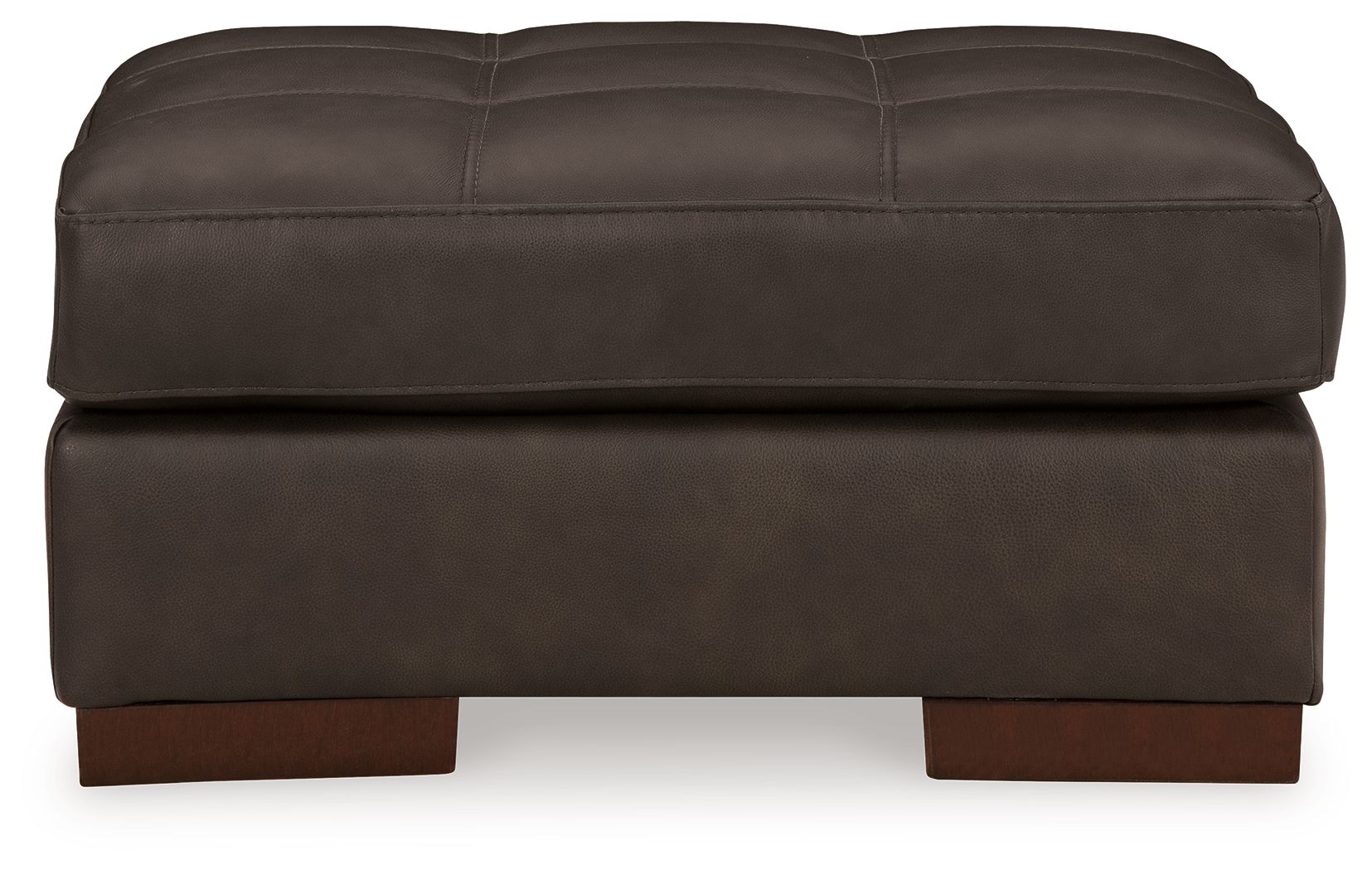 Dark brown upholstered ottoman with tufted top, thick base, exposed wooden feet