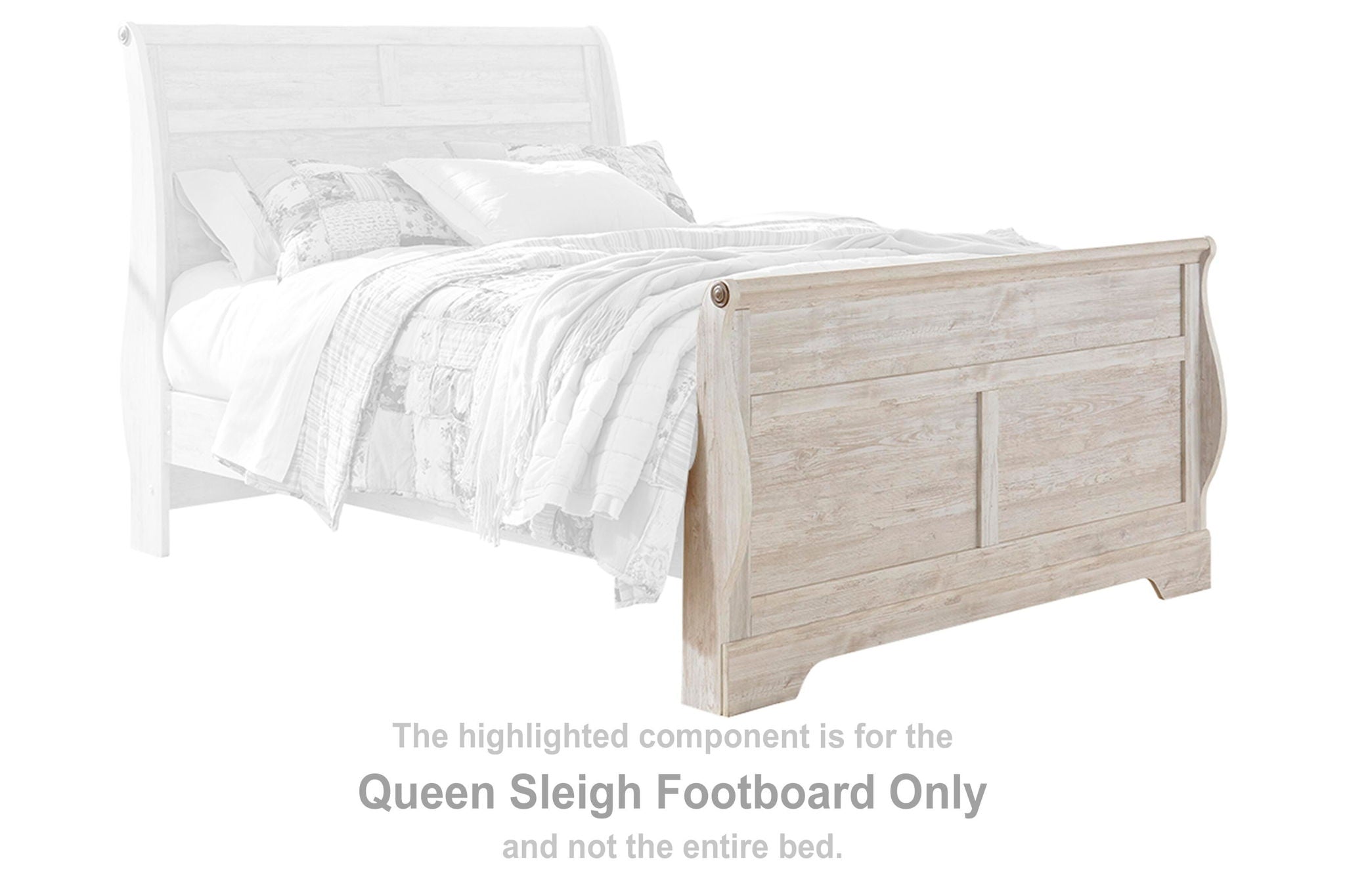Queen sleigh footboard in whitewashed wood with curved top rail and panel detail