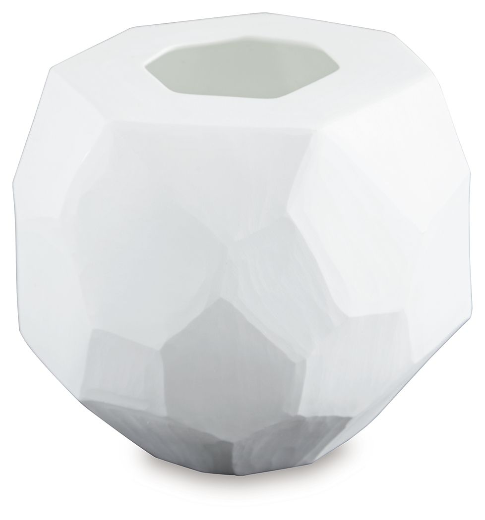 White faceted ceramic vase with angled cutwork and open top