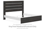 Dark gray panel headboard/footboard with horizontal slats and flat top rail