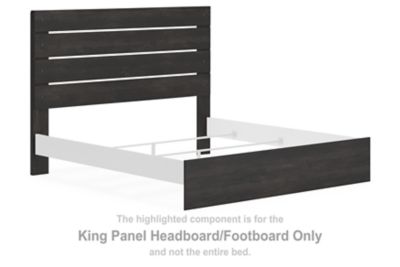 Dark gray panel headboard/footboard with horizontal slats and flat top rail