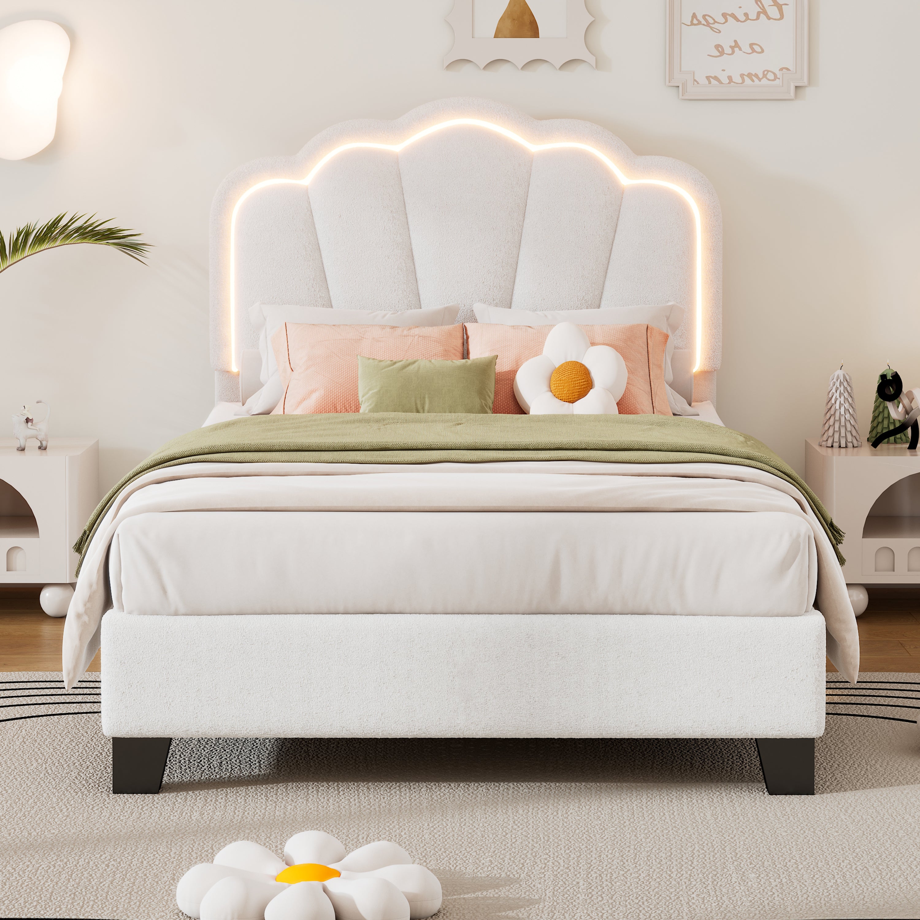 Twin White Flower Bed: Upholstered Sherpa, LED Headboard