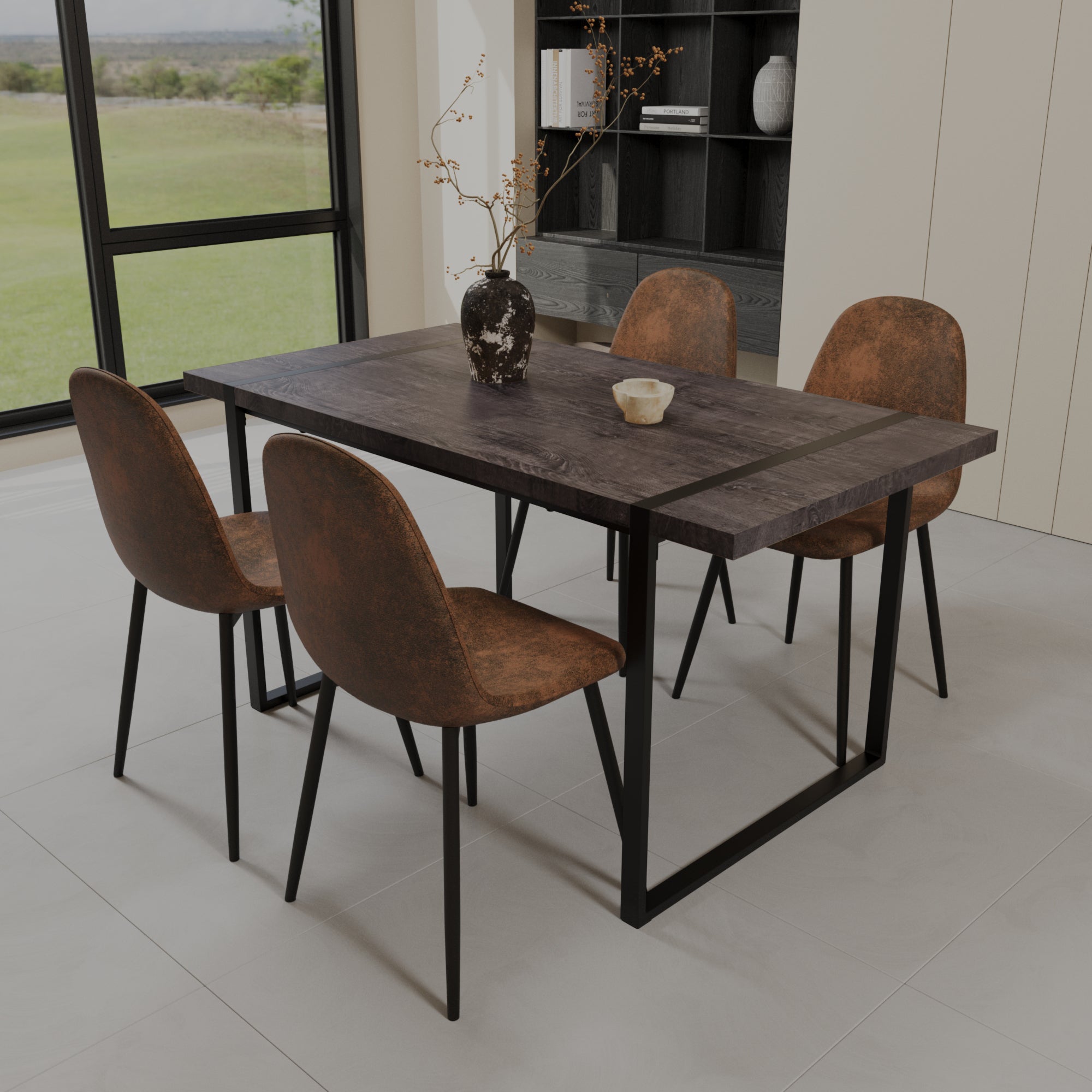 59" Black Dining Table Set - 4 Suede Chairs & Metal Base
