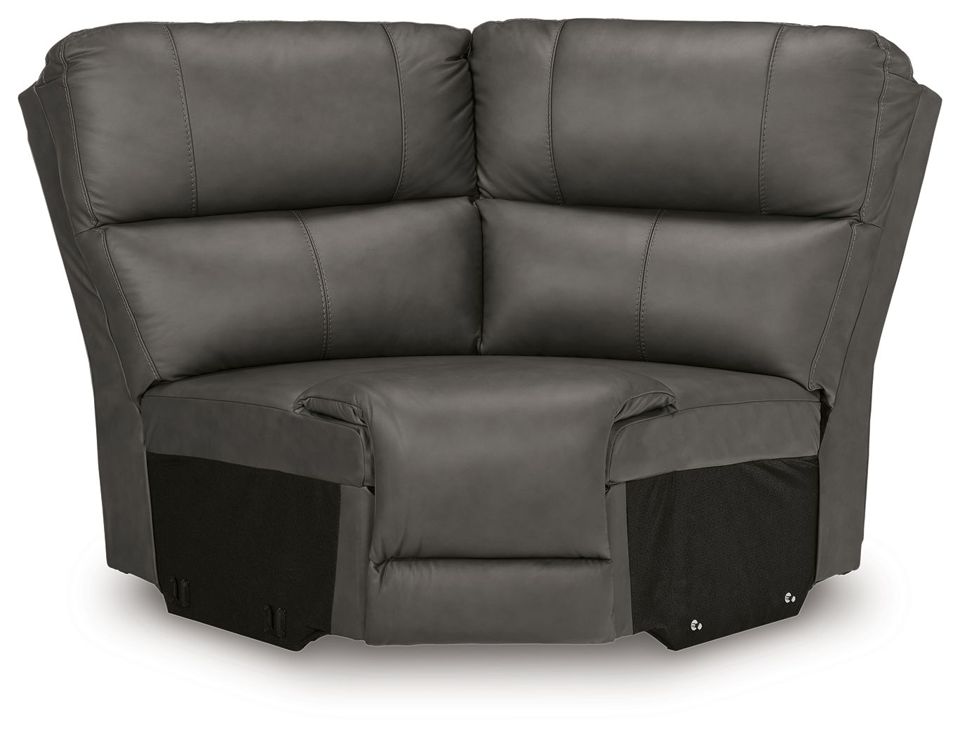 Upholstered wedge seat in dark gray with padded arms, backrest, and attached footrest