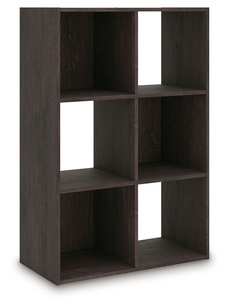 Dark wood cube organizer with open square shelves and cutout cube openings