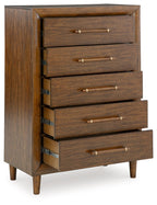 Lyncott brown five-drawer chest, front-left view, with bar handles and legs