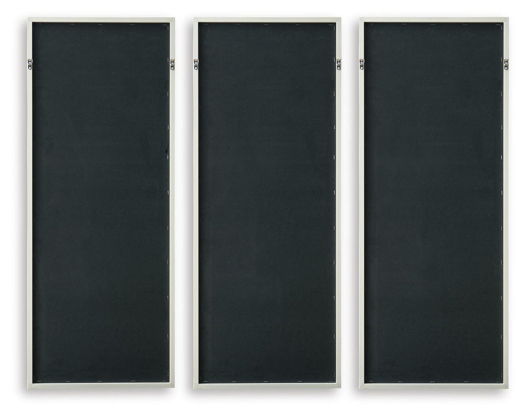 Set of three framed wall art backs in dark gray with mounting hardware on each panel