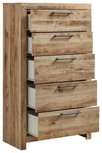 Tan brown five-drawer chest with staggered open drawers and five metal bar pulls