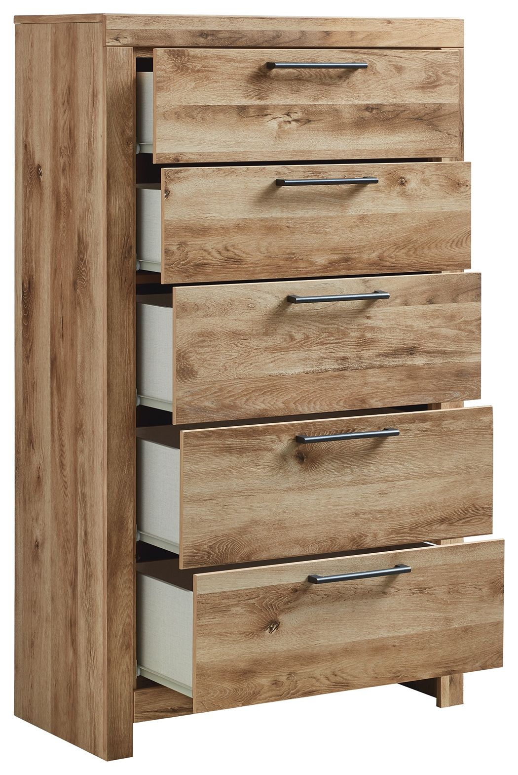 Tan brown five-drawer chest with staggered open drawers and five metal bar pulls