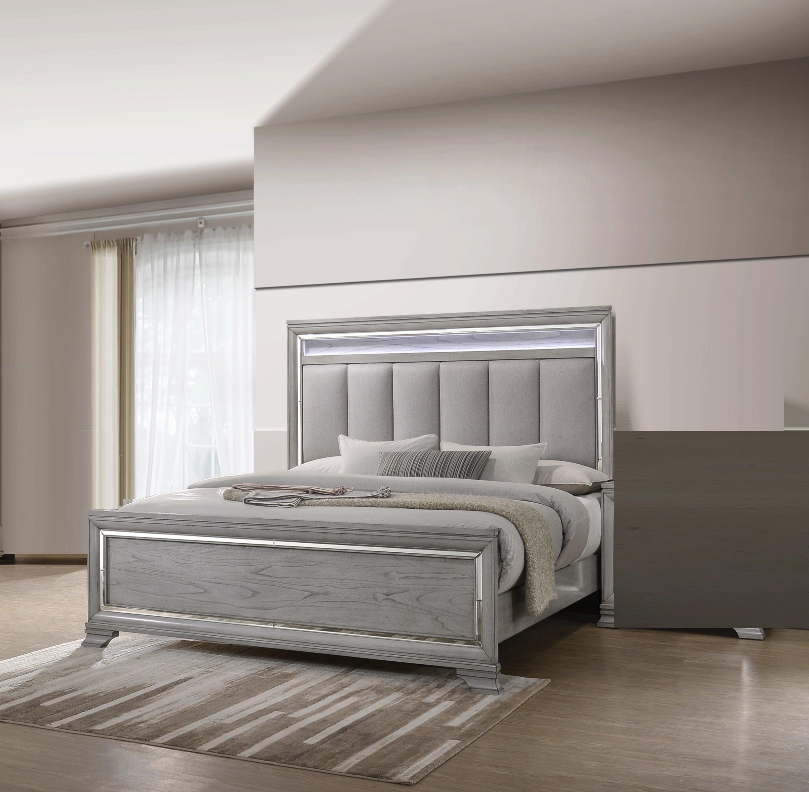 Modern Glam King Bed: Upholstered LED Headboard, Silver Strip Inlay