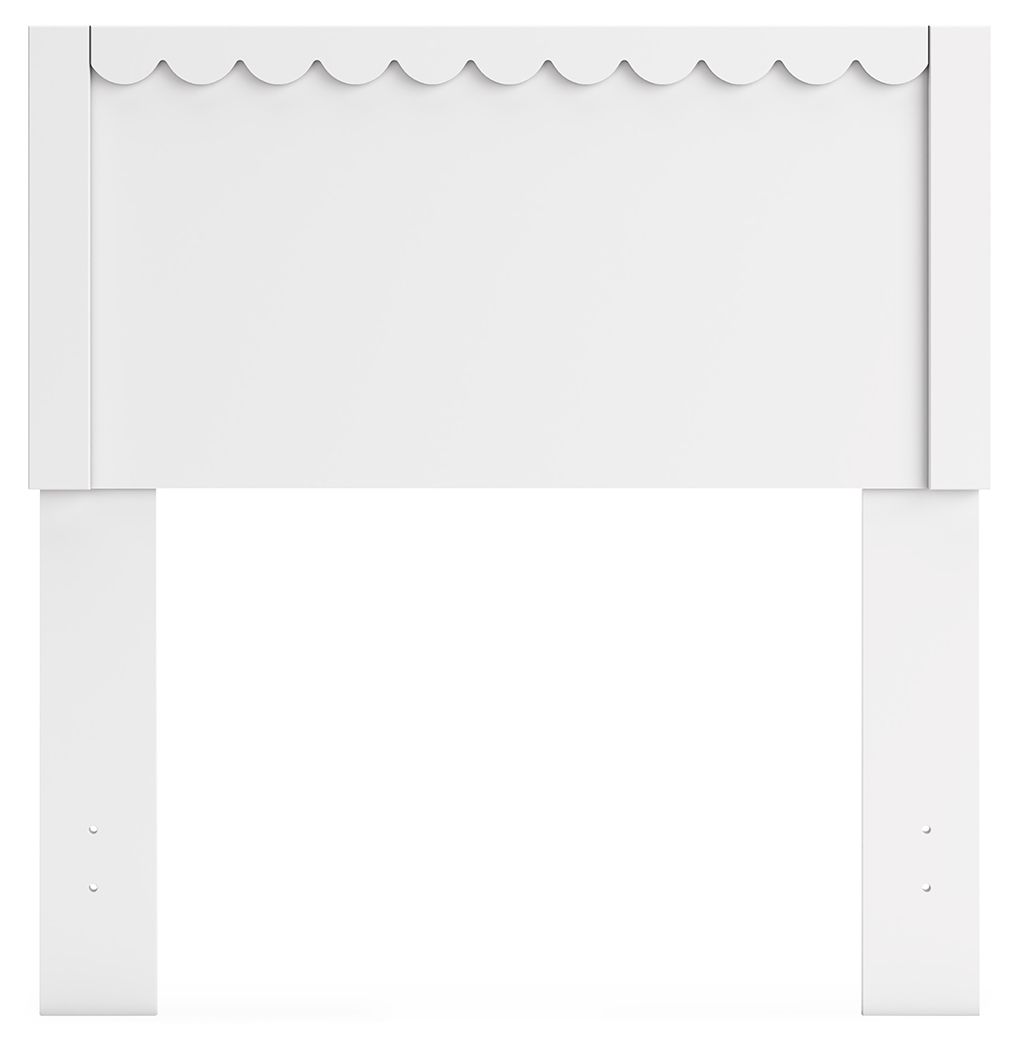 White panel headboard with scalloped top edge and two side support legs