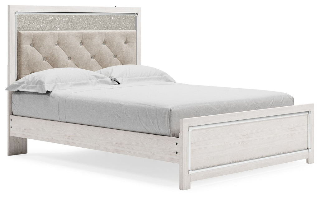 Queen bed with white panel frame and tall light-gray tufted headboard