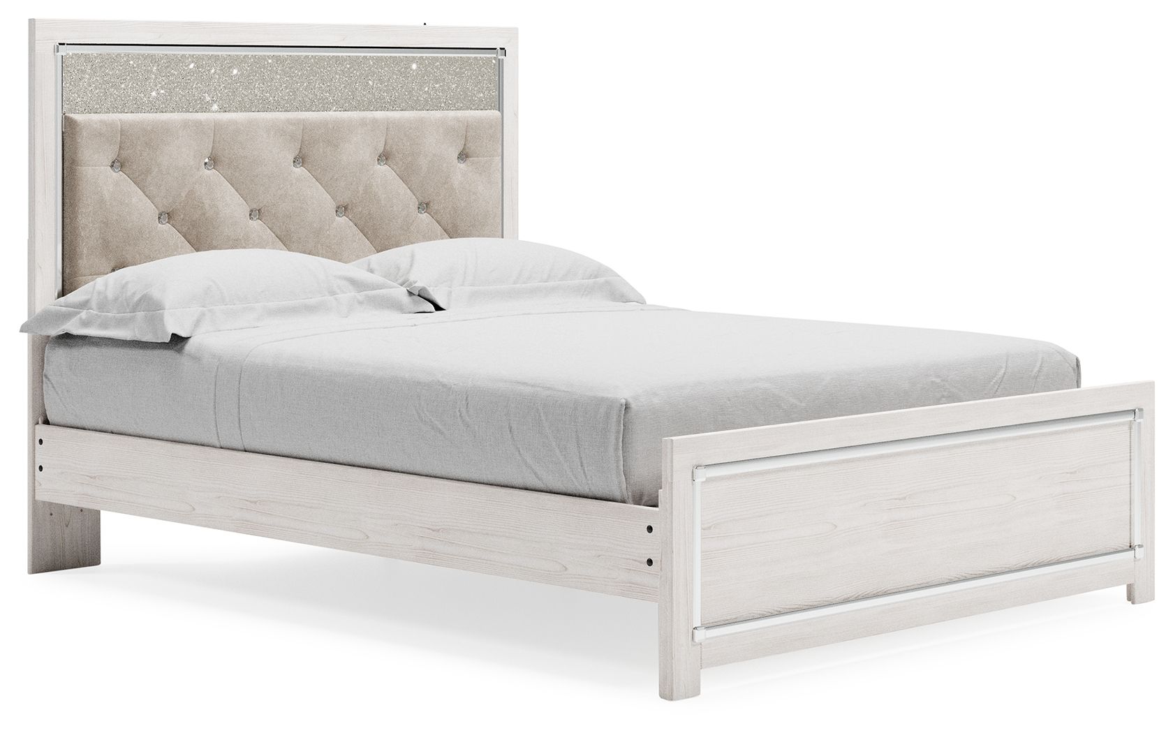 Queen bed with white panel frame and tall light-gray tufted headboard