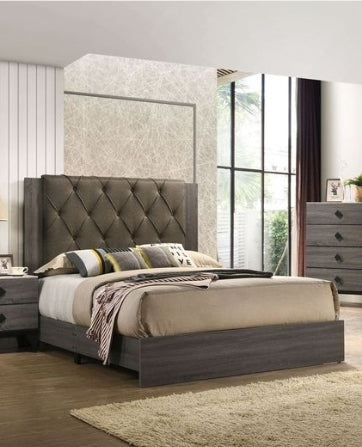 Avantika Fabric & Rustic Gray Oak Finish Eastern King Bed