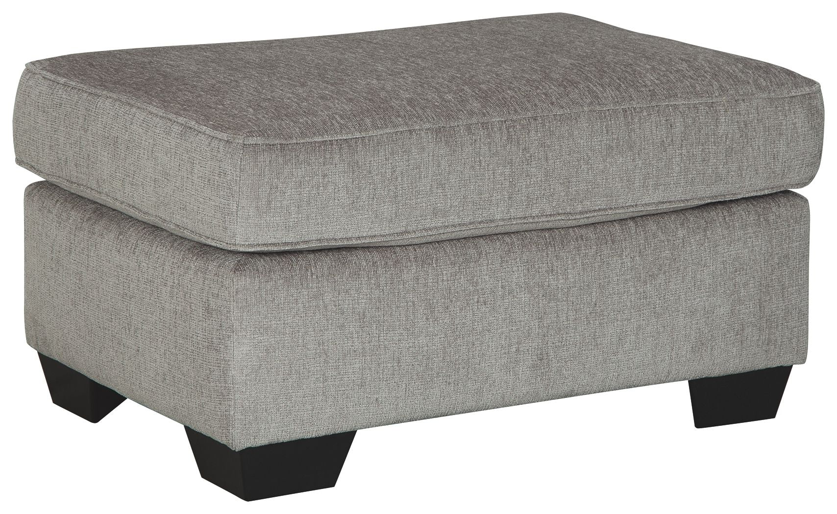 Upholstered light gray ottoman with cushioned top and block legs