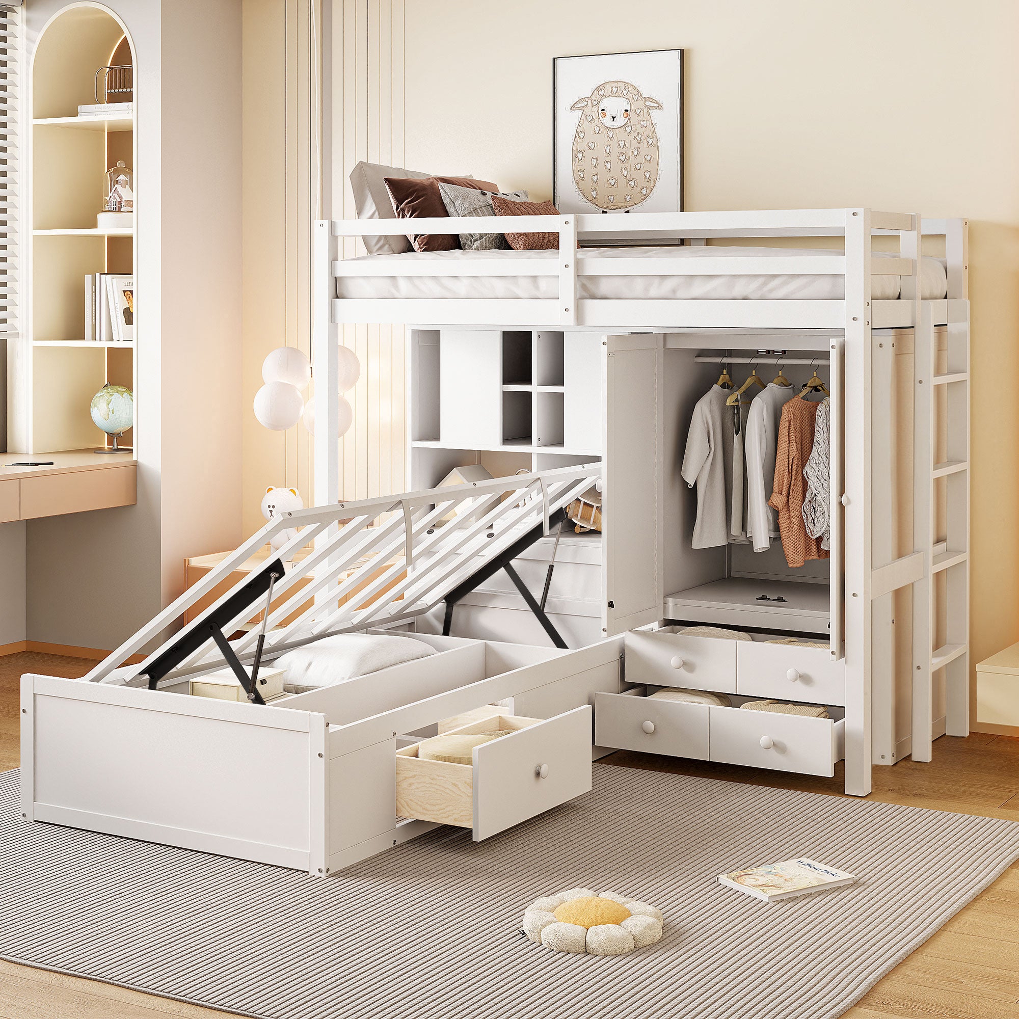 White Twin Bunk Bed with Drawers, Wardrobe, Shelves & Hydraulic Lift