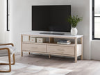 Light wood TV stand with two drawers and open center media shelf