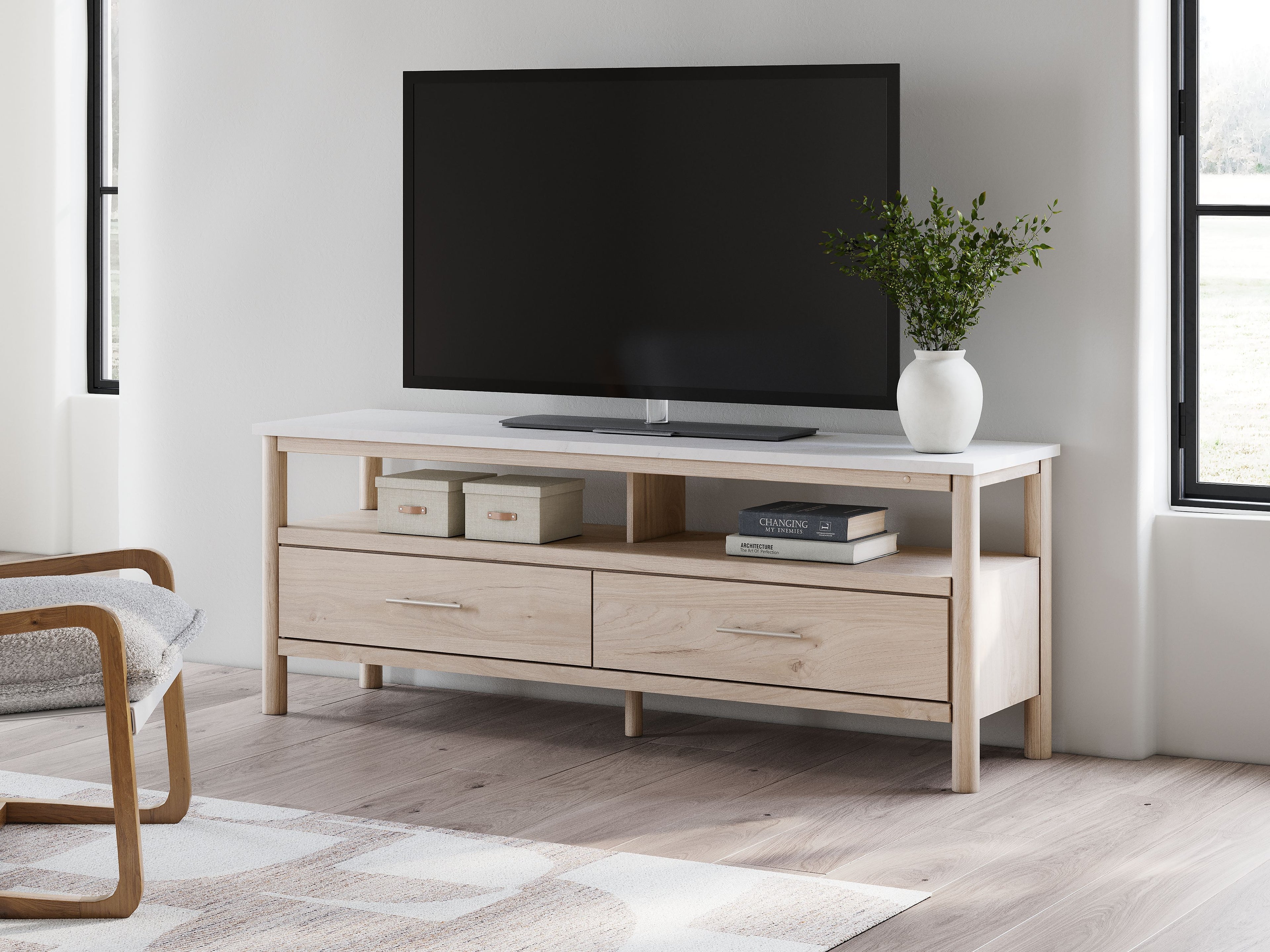 Light wood TV stand with two drawers and open center media shelf