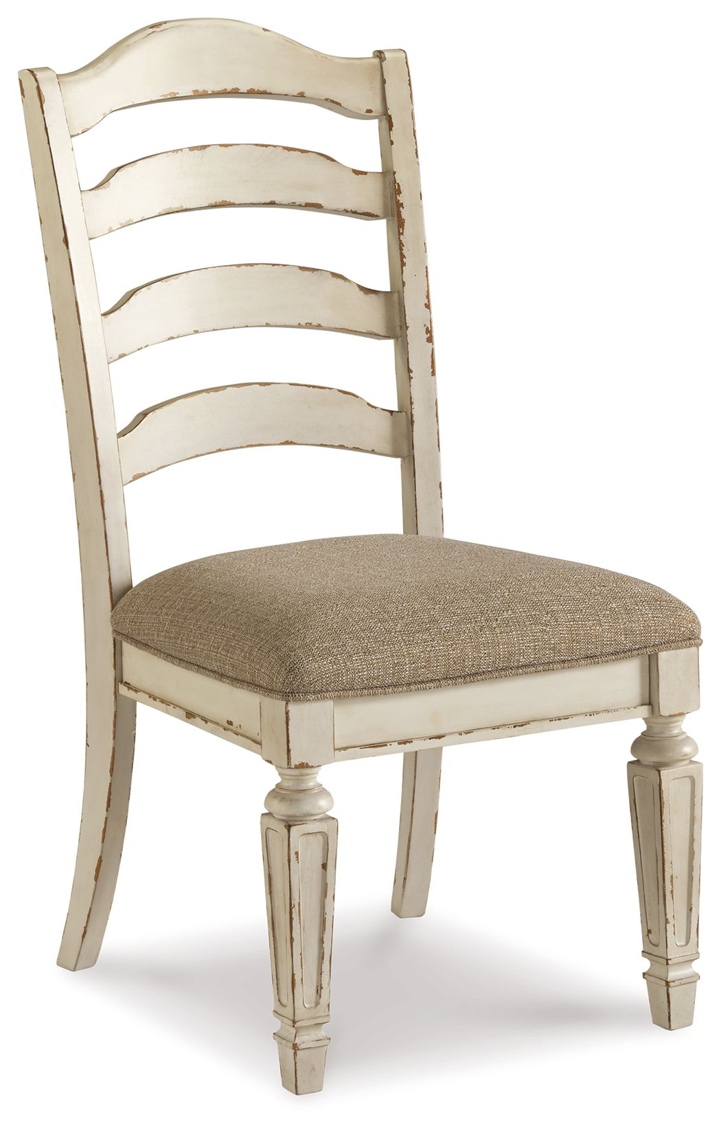 Chipped white ladderback dining side chair with gray upholstered seat, front view