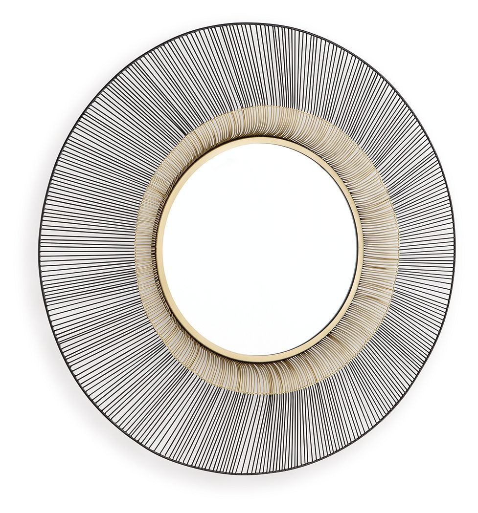 Round accent mirror with black radial metal lines and gold inner frame