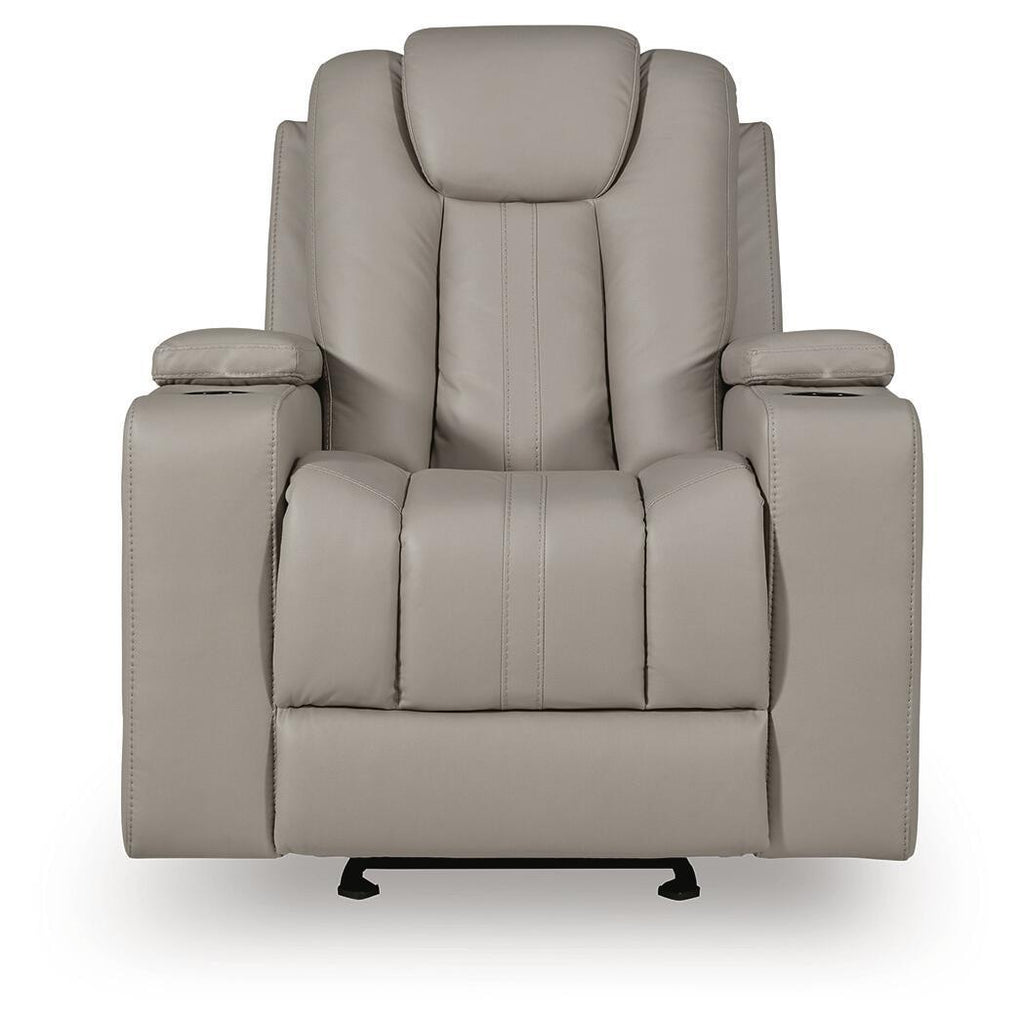 Light gray leather recliner with vertical channel stitching, padded headrest, and wide base