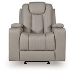 Light gray leather recliner with vertical channel stitching, padded headrest, and wide base