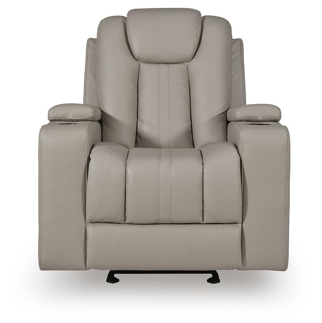 Light gray leather recliner with vertical channel stitching, padded headrest, and wide base